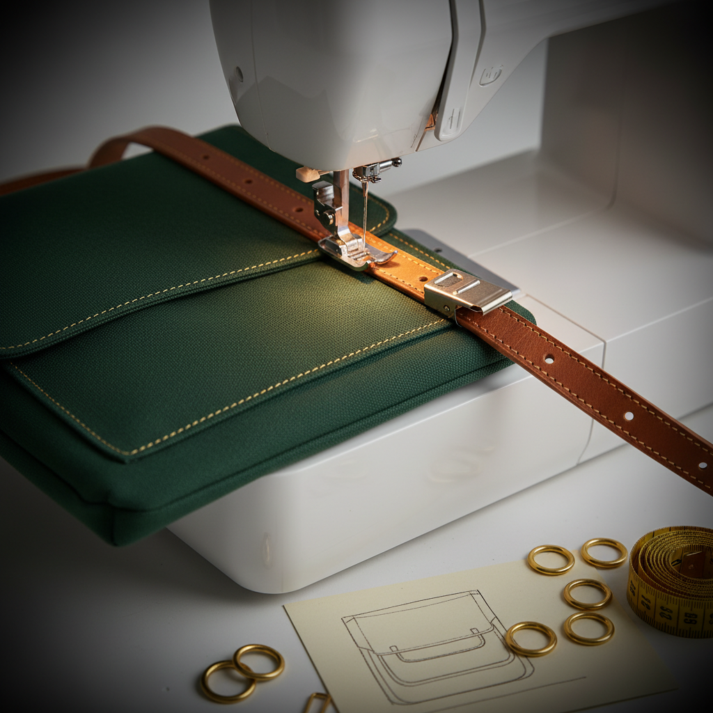 A partially sewn, custom crossbody bag in rich forest-green canvas captured mid-process beneath the presser foot of a sleek, modern sewing machine. The camera angle is close and slightly diagonal, focusing on the needle, crisp topstitching, and a carefully positioned leather strap. Around the machine base, there are tidy piles of hardware, a tape measure, and a small note card with sketched design lines, all slightly out of focus. Gentle, directional task lighting illuminates the stitching path while the rest of the scene falls into a soft vignette, evoking a quiet studio at work. The overall mood is focused and refined, highlighting the craftsmanship and time investment behind every bespoke sewing project.