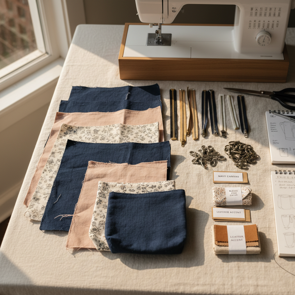 An overhead, photographic shot of a carefully organized sewing station prepared for a custom bag order. On a pale cream linen tablecloth lie neatly cut pattern pieces in different fabrics: textured navy canvas, blush cotton, and a subtle floral lining. Beside them, coordinating zippers, metal clasps, and labeled fabric swatches suggest personalization options. A slim, modern sewing machine sits at the top edge of the frame, softly out of focus. Natural afternoon light from a nearby window creates even, serene illumination with faint shadows around the materials. The composition is clean and balanced, exuding calm precision and sophisticated planning, subtly conveying that made-to-order pieces require thoughtful design time and careful attention to every detail.
