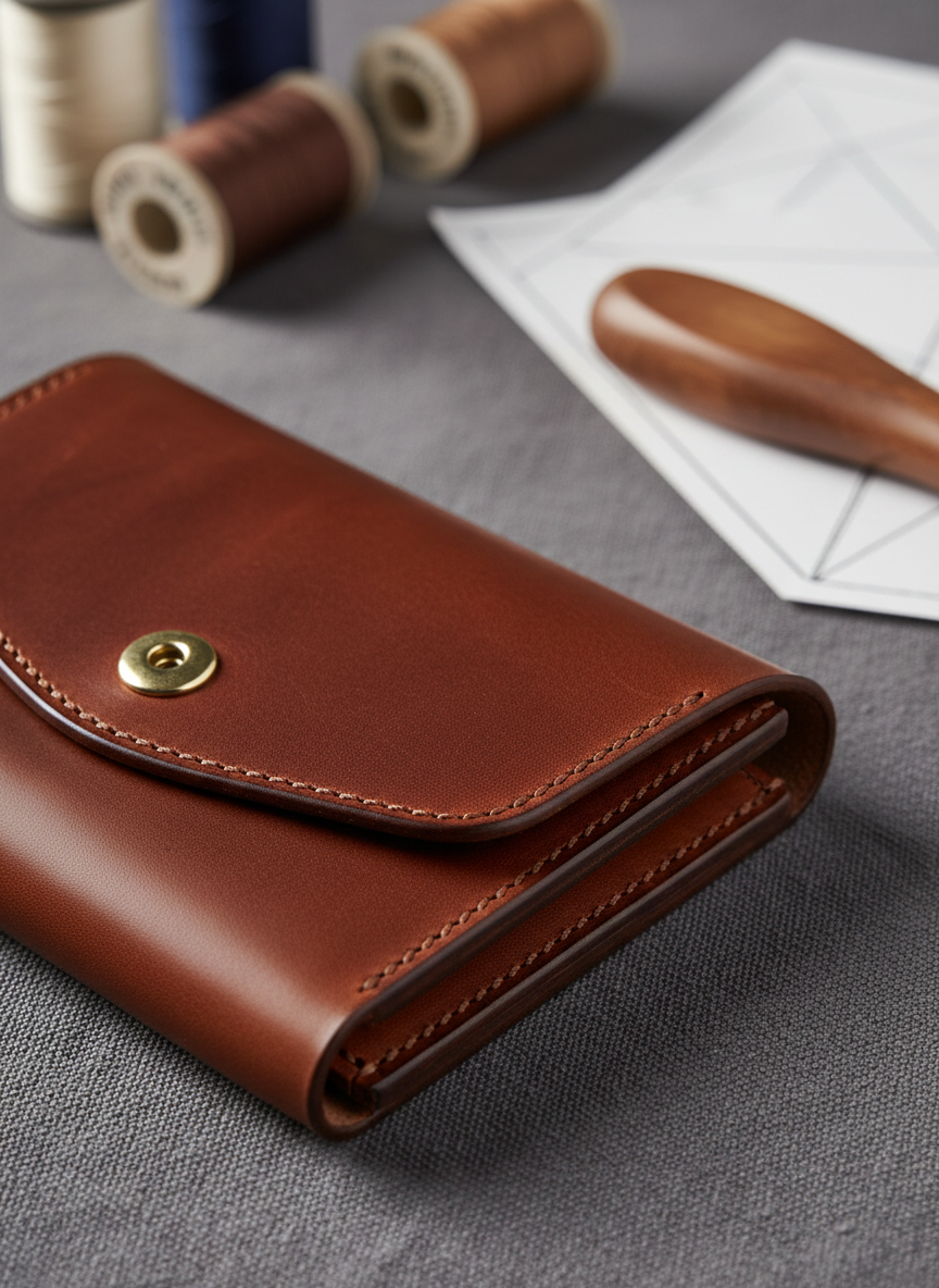 A close-up, photographic view of a handcrafted leather wallet in deep cognac, placed on a smooth, charcoal cotton cloth. The camera focuses tightly on the wallet’s finely burnished edges, even stitching, and a small, elegant metal snap, capturing the grain of the leather and subtle variations in color. In the softly blurred background, several thread cones, a wooden edge burnisher, and a pattern template hint at the atelier setting. Gentle, warm studio lighting from above and slightly to the side creates refined highlights and delicate shadows, emphasizing luxury craftsmanship. The composition uses the rule of thirds with a shallow depth of field, producing a minimalist, sophisticated atmosphere perfect for a premium custom leather goods brand.